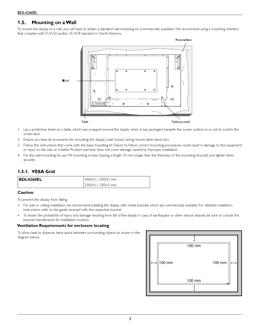 Philips BDL4260EL user manual Mounting on a Wall, Vesa Grid, Ventilation Requirements for enclosure locating 