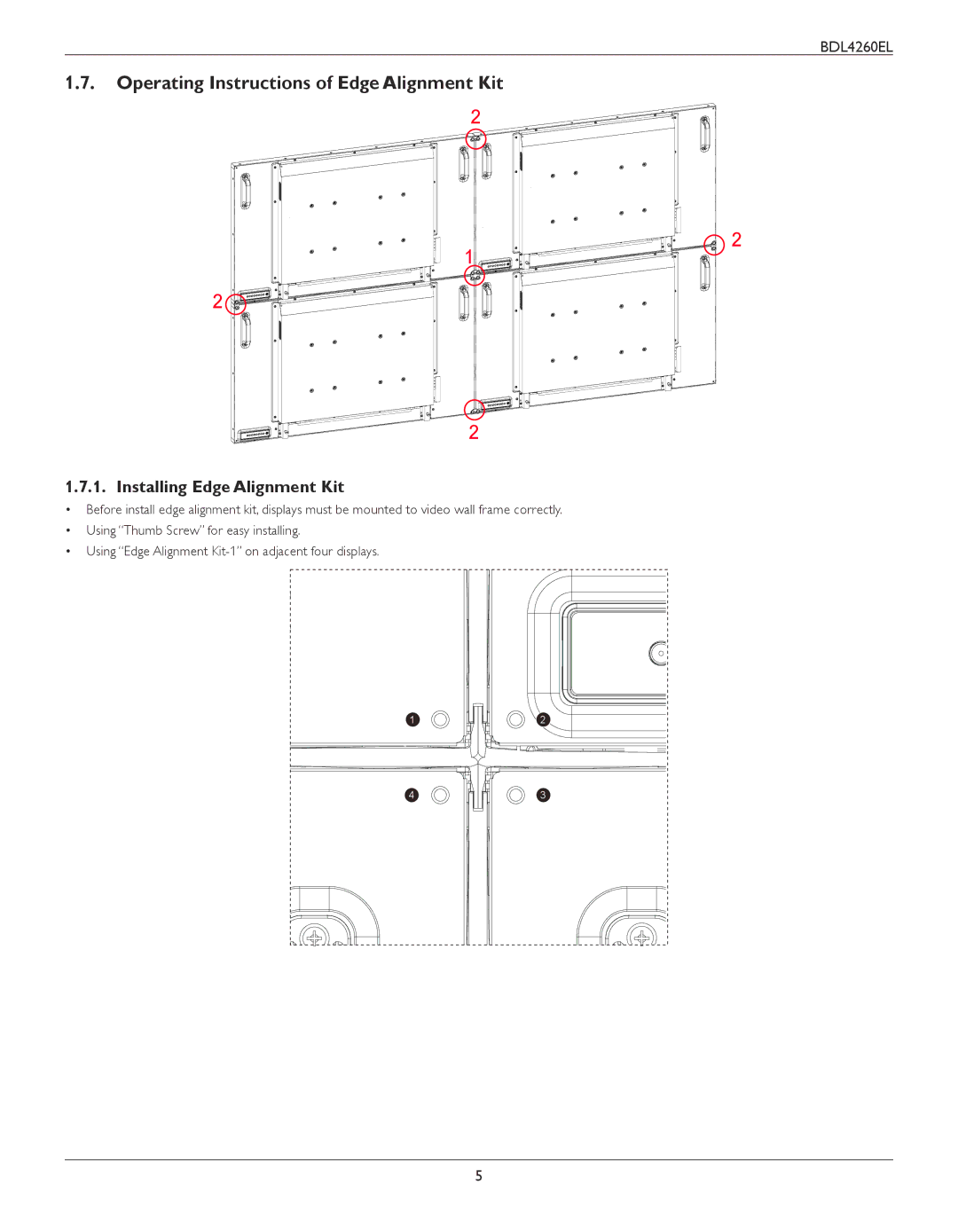 Philips BDL4260EL user manual Operating Instructions of Edge Alignment Kit, Installing Edge Alignment Kit 