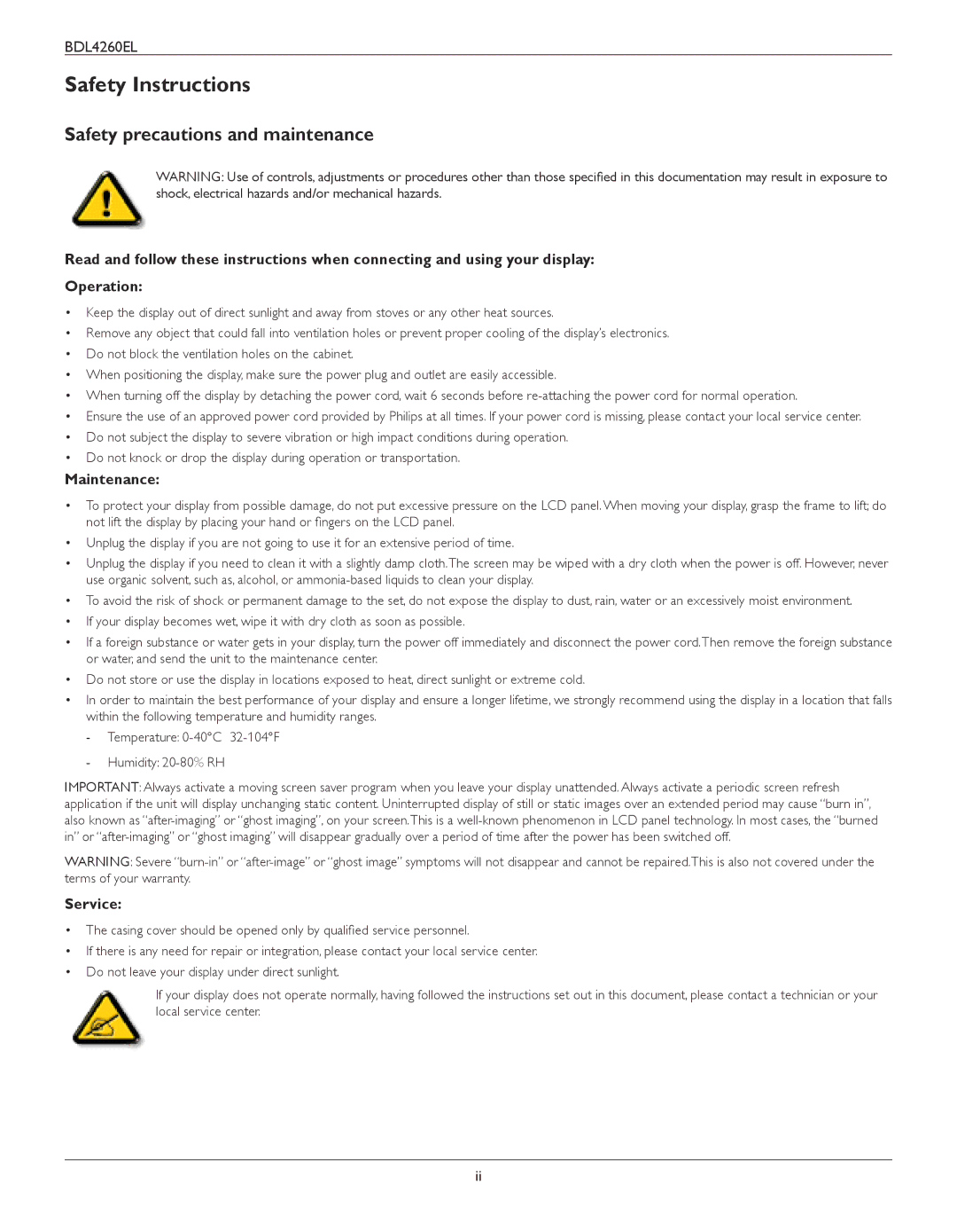 Philips BDL4260EL user manual Safety Instructions, Safety precautions and maintenance, Maintenance, Service 