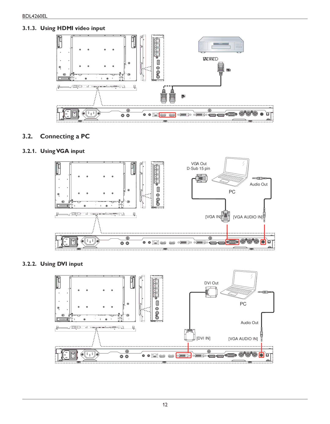 Philips BDL4260EL user manual Connecting a PC, Using Hdmi video input, Using VGA input, Using DVI input 