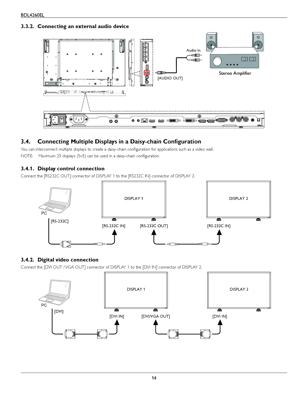 Philips BDL4260EL Connecting Multiple Displays in a Daisy-chain Configuration, Connecting an external audio device 