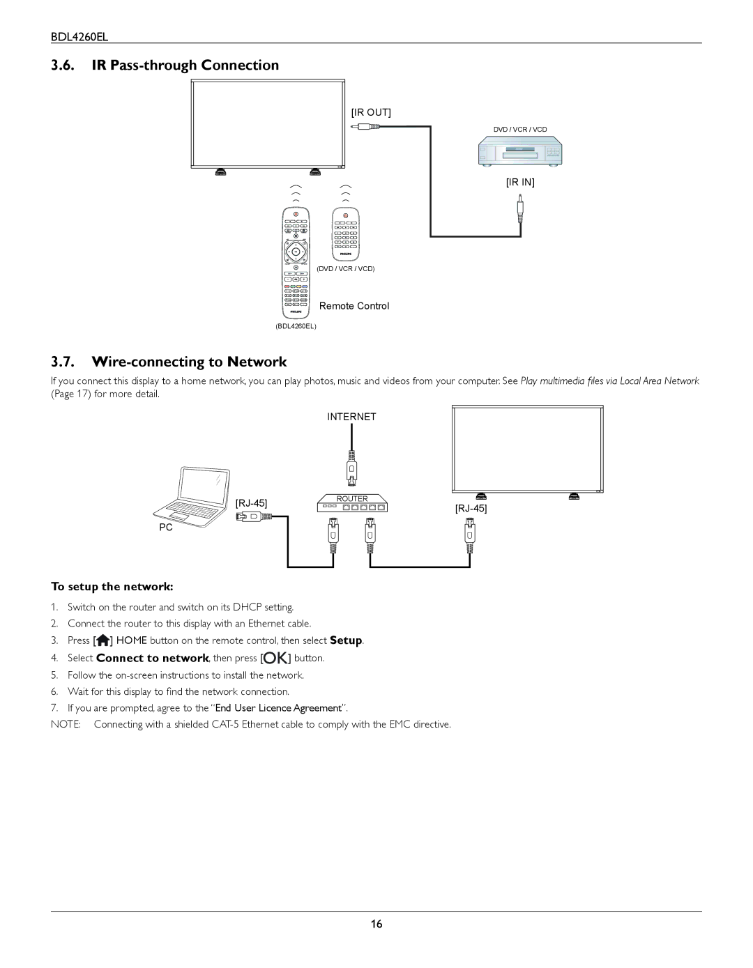 Philips BDL4260EL user manual IR Pass-through Connection, Wire-connecting to Network, To setup the network 