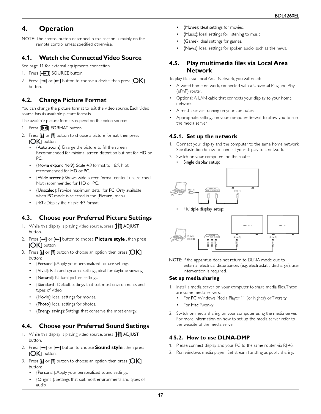 Philips BDL4260EL user manual Operation 