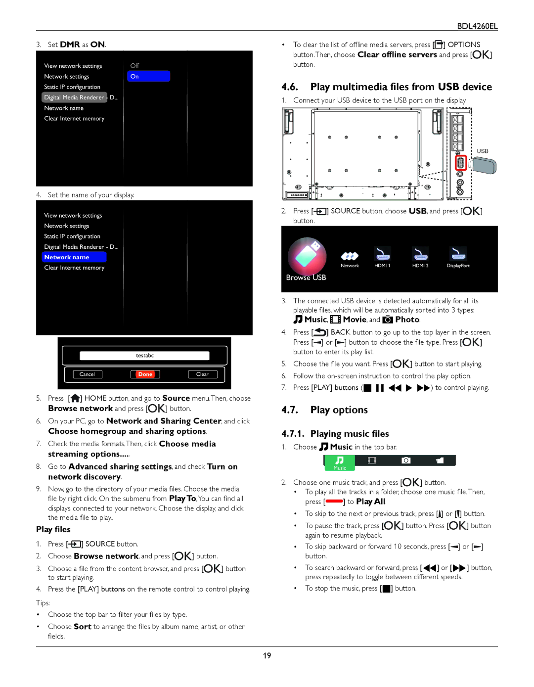 Philips BDL4260EL user manual Play multimedia files from USB device, Play options, Playing music files, Play files 