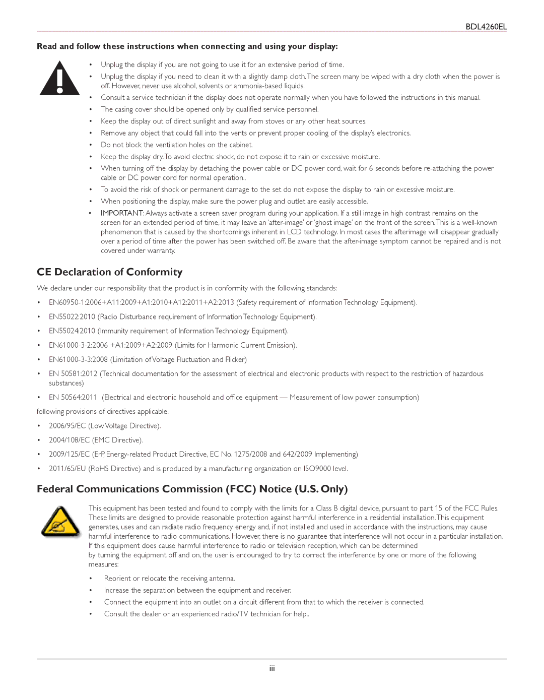 Philips BDL4260EL user manual CE Declaration of Conformity, Federal Communications Commission FCC Notice U.S. Only 