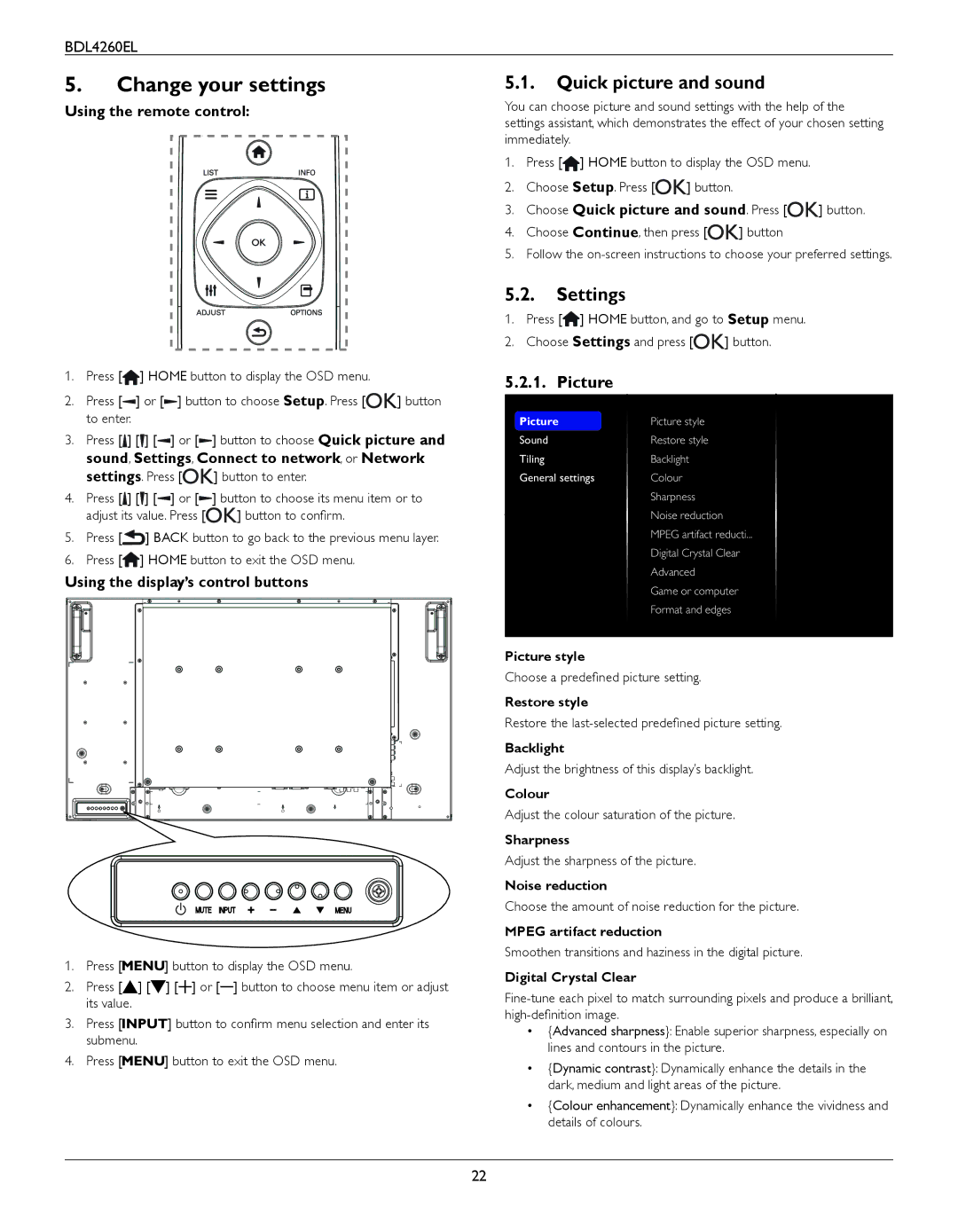 Philips BDL4260EL user manual Change your settings, Quick picture and sound, Settings, Picture 