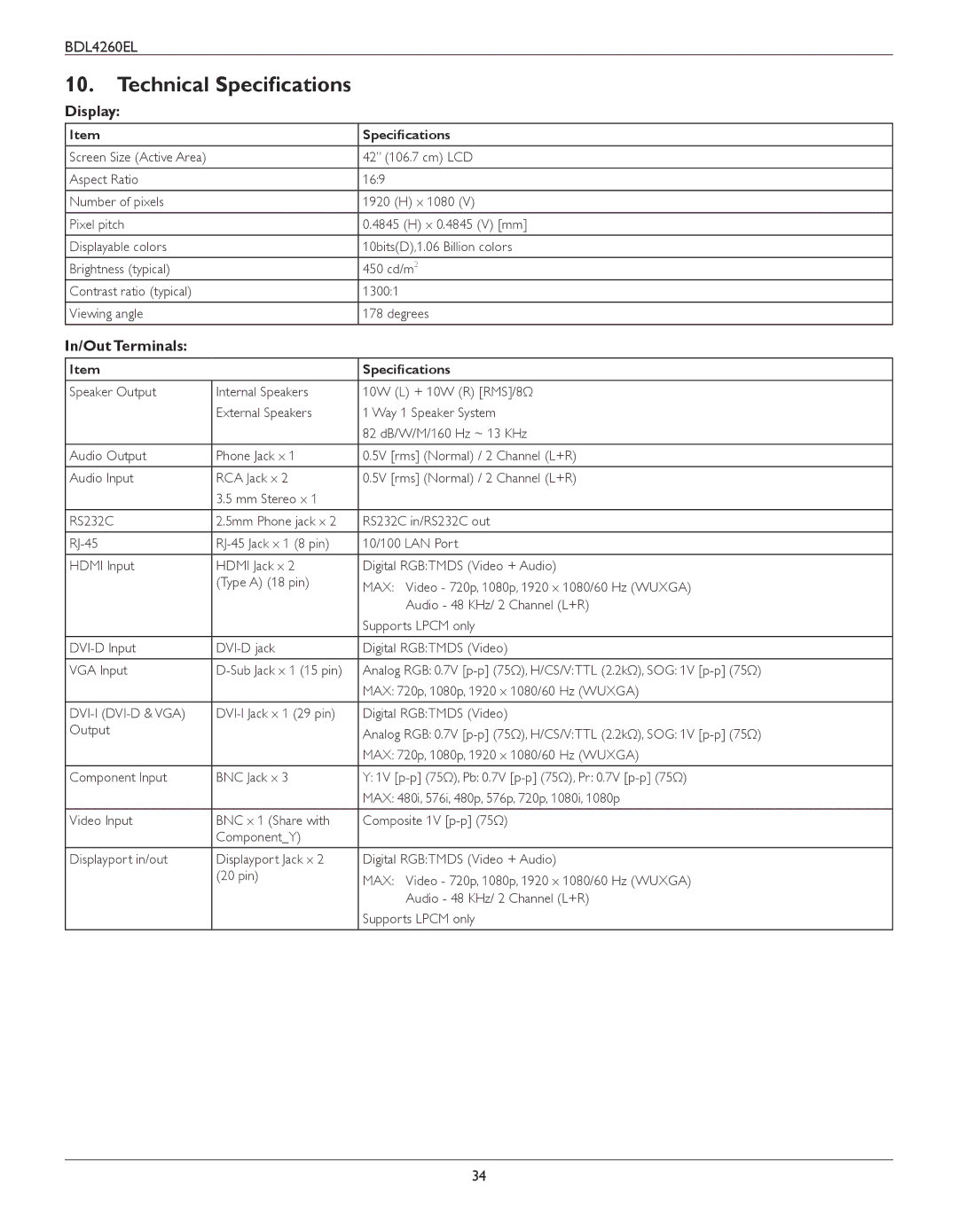 Philips BDL4260EL user manual Technical Specifications, Display, In/Out Terminals 