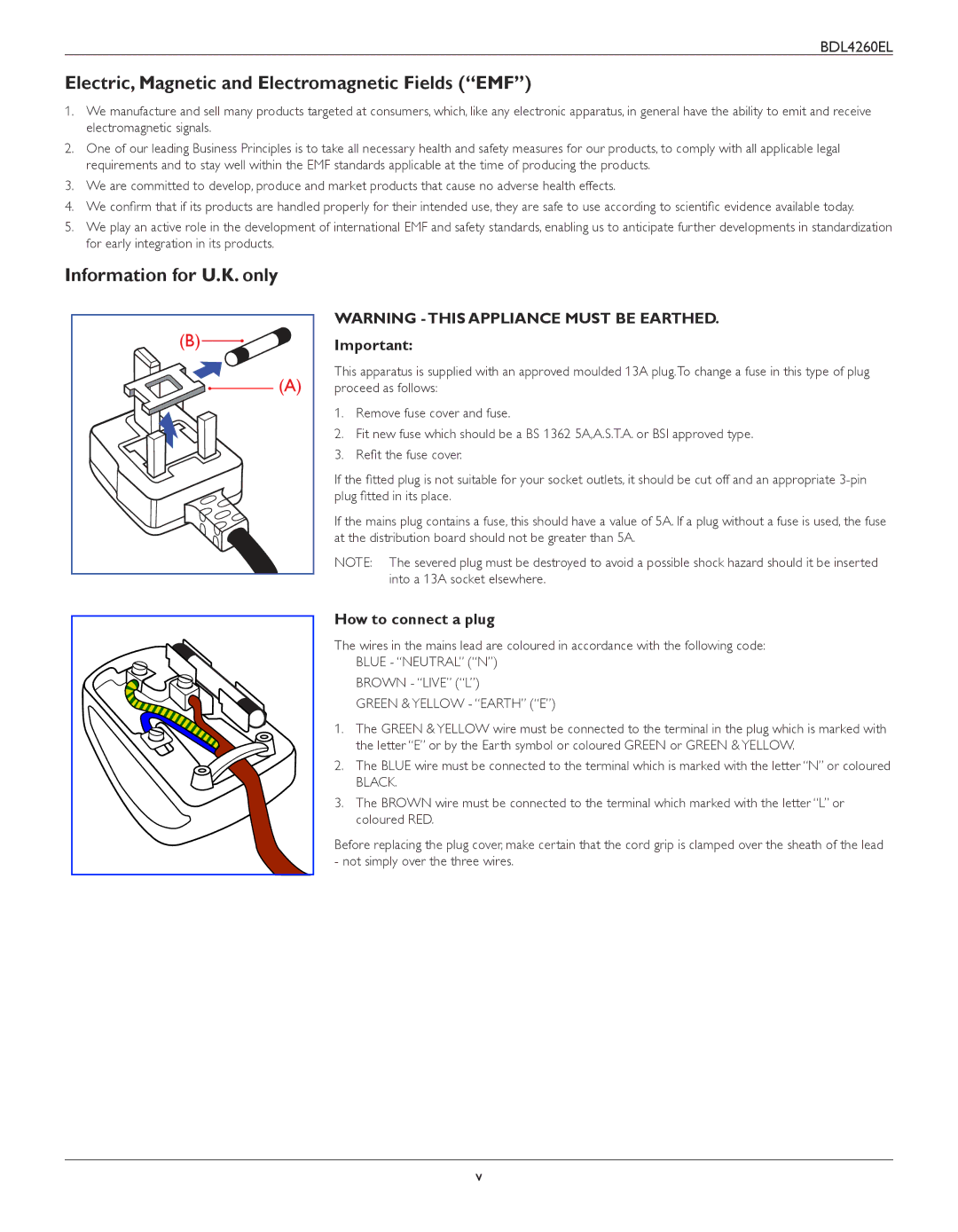 Philips BDL4260EL Electric, Magnetic and Electromagnetic Fields EMF, Information for U.K. only, How to connect a plug 