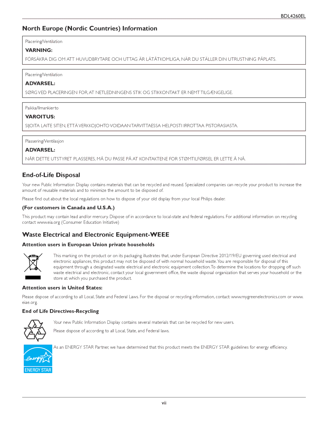 Philips BDL4260EL North Europe Nordic Countries Information, End-of-Life Disposal, For customers in Canada and U.S.A 