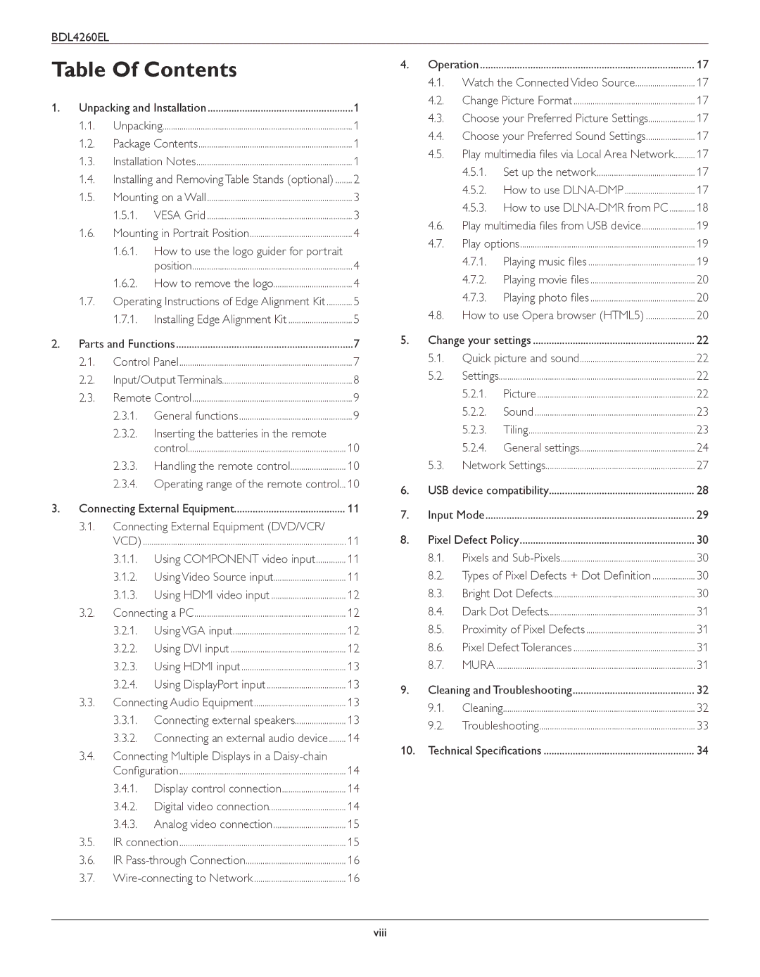 Philips BDL4260EL user manual Table Of Contents 