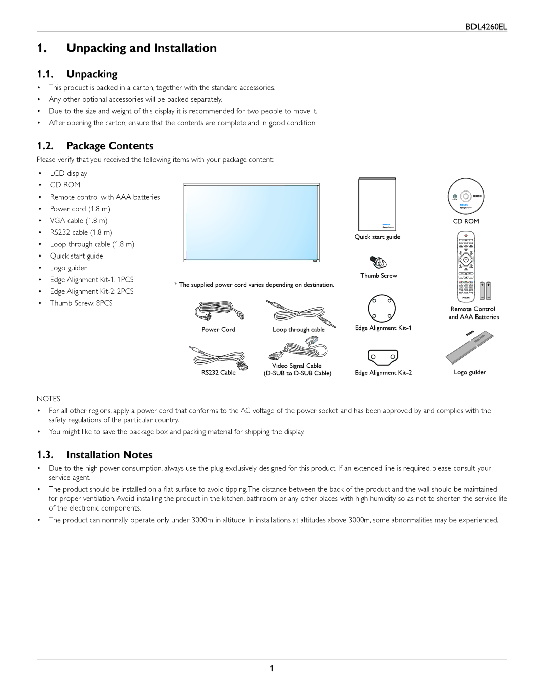 Philips BDL4260EL user manual Unpacking and Installation, Package Contents, Installation Notes 