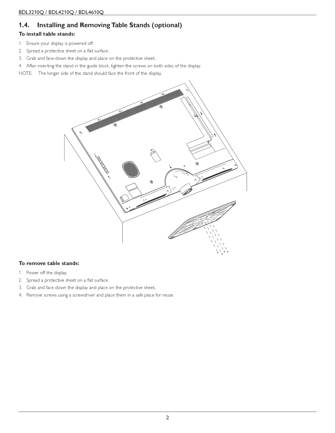 Philips BDL3210Q, BDL4610Q Installing and Removing Table Stands optional, To install table stands, To remove table stands 