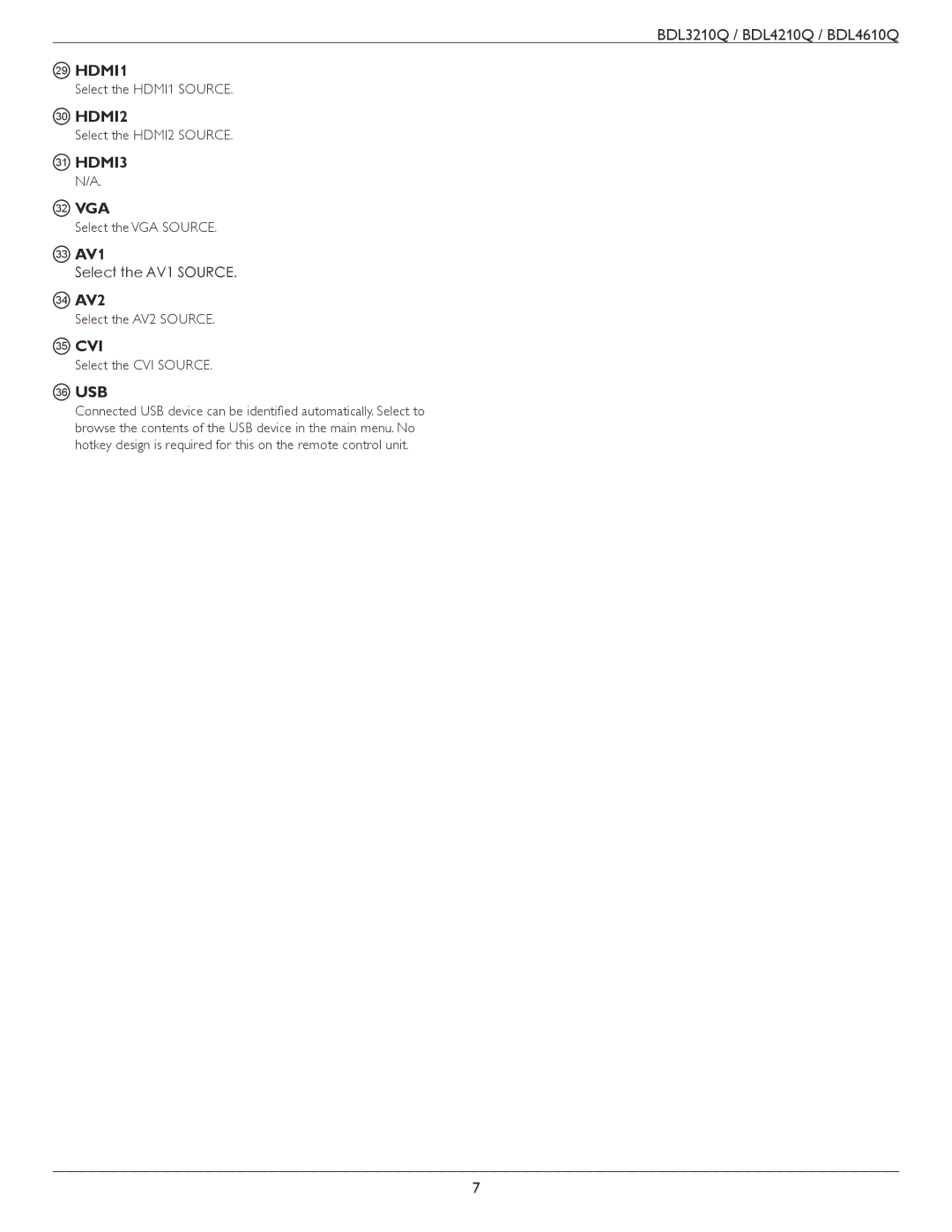 Philips BDL4610Q, BDL3210Q, BDL4210Q user manual HDMI1, HDMI2, HDMI3 32 VGA, 33 AV1, 34 AV2, 35 CVI, 36 USB 