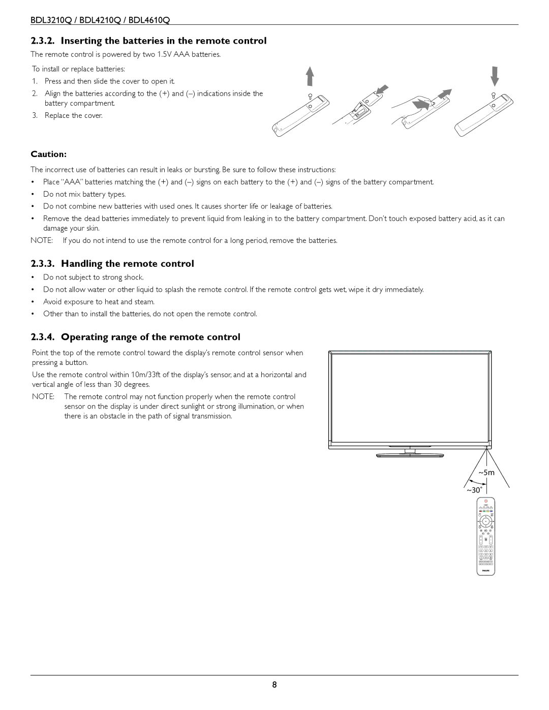 Philips BDL3210Q, BDL4610Q, BDL4210Q user manual Inserting the batteries in the remote control 