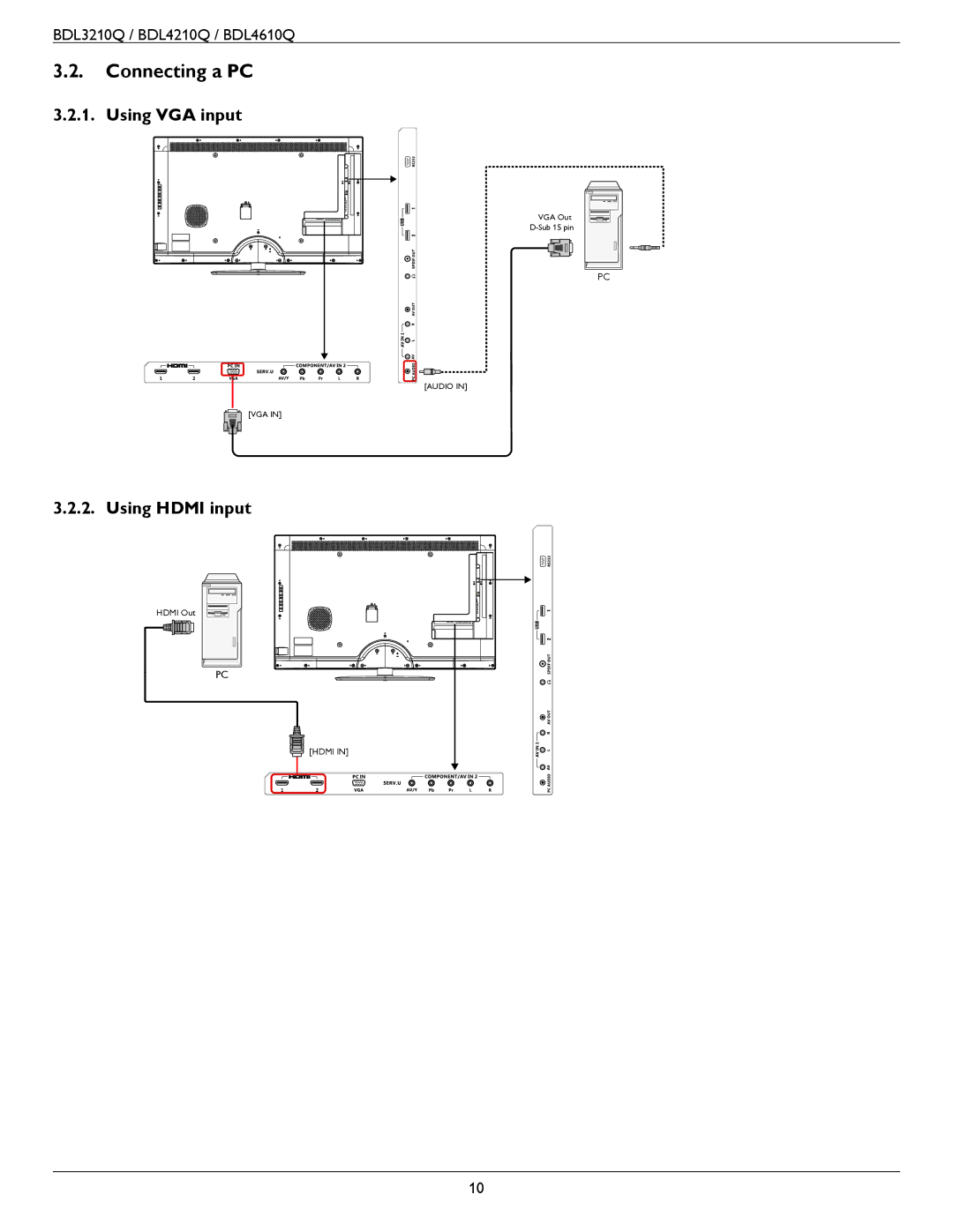 Philips BDL4610Q, BDL3210Q, BDL4210Q user manual Connecting a PC 