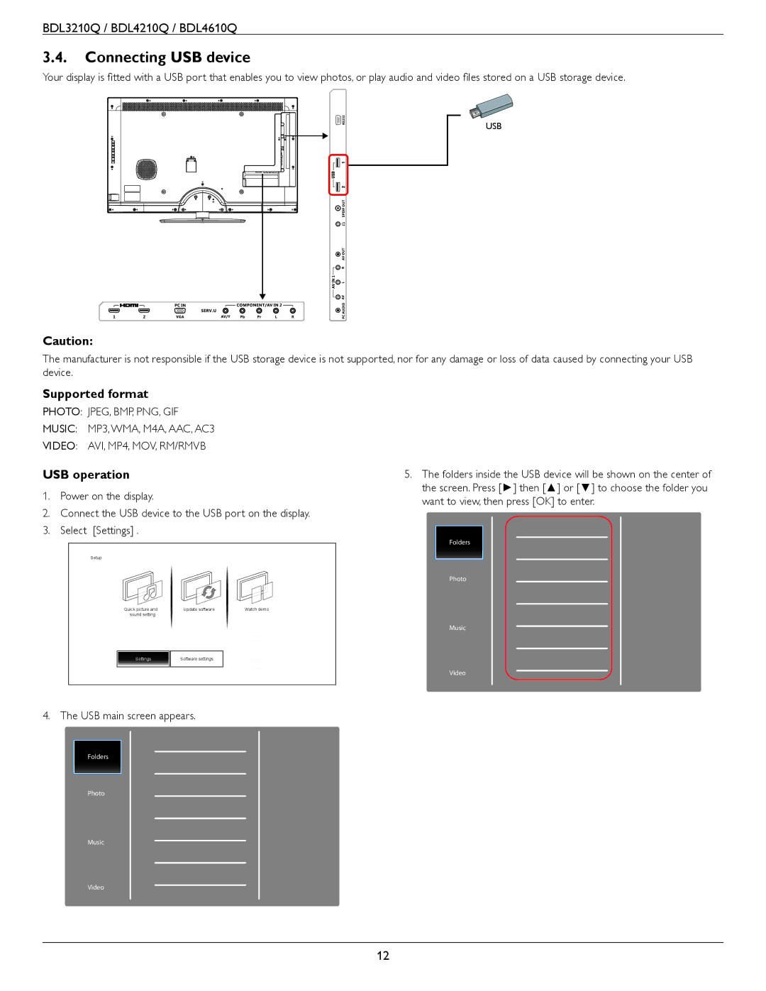 Philips BDL4210Q, BDL4610Q, BDL3210Q user manual Connecting USB device, Supported format, USB operation 