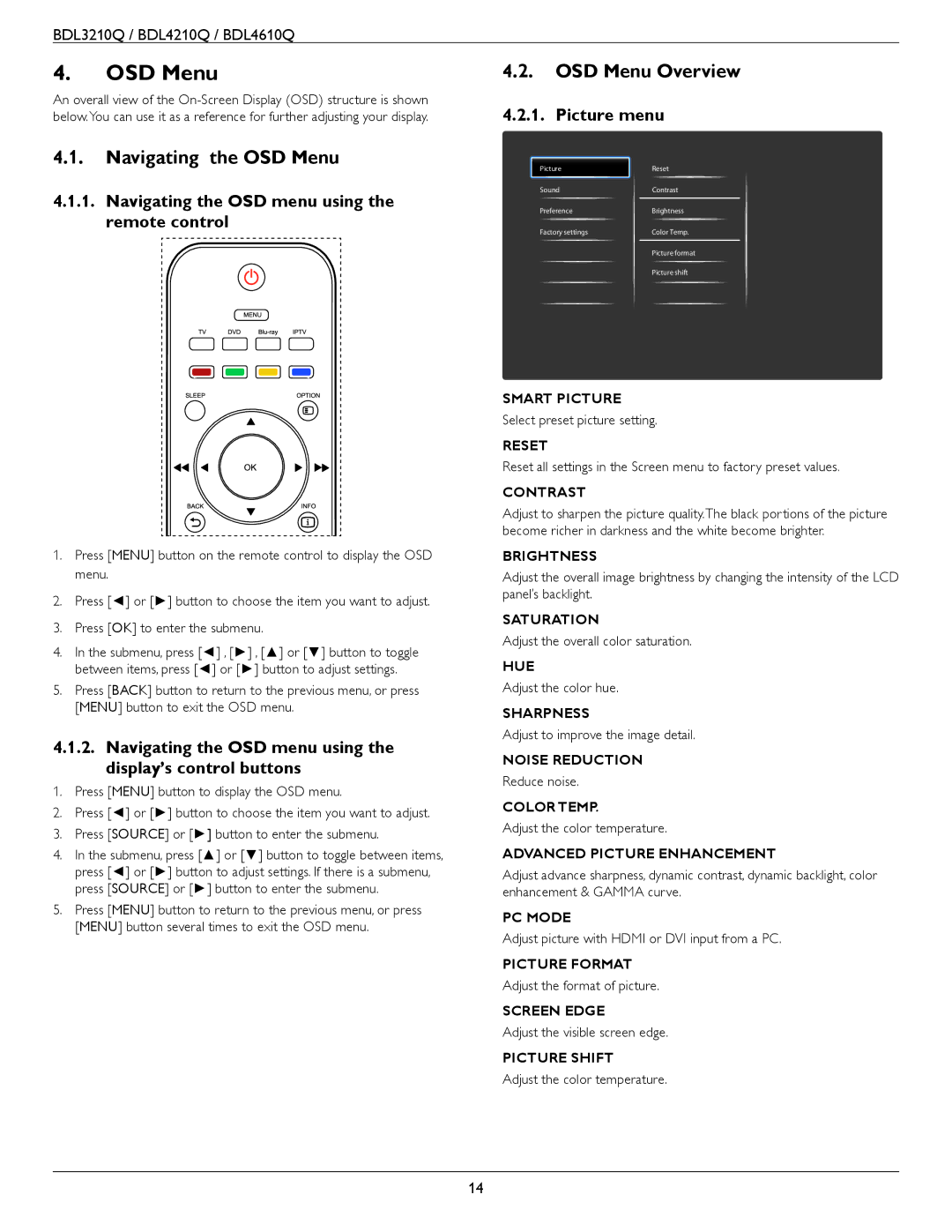 Philips BDL3210Q, BDL4610Q, BDL4210Q user manual Navigating the OSD Menu, OSD Menu Overview 