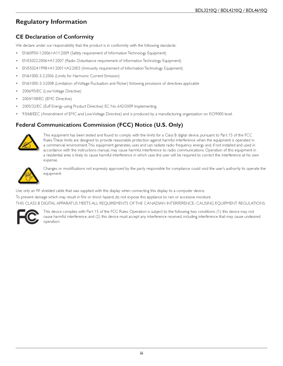 Philips BDL4610Q, BDL3210Q, BDL4210Q user manual Regulatory Information, CE Declaration of Conformity 