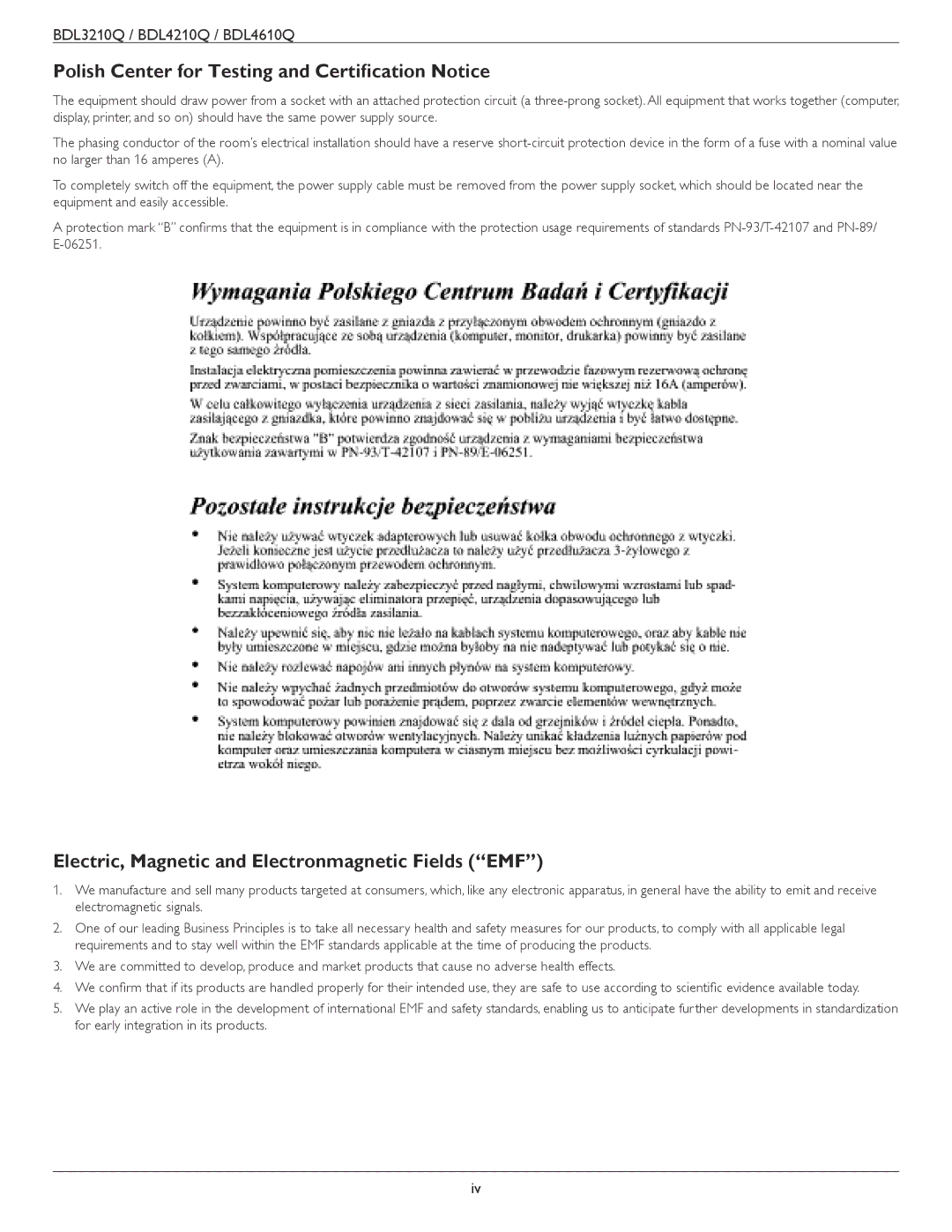 Philips BDL3210Q Polish Center for Testing and Certification Notice, Electric, Magnetic and Electronmagnetic Fields EMF 