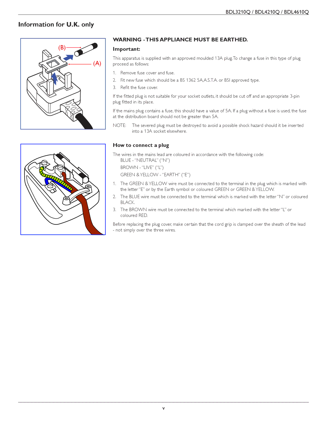 Philips BDL4210Q, BDL4610Q, BDL3210Q user manual Information for U.K. only, How to connect a plug 