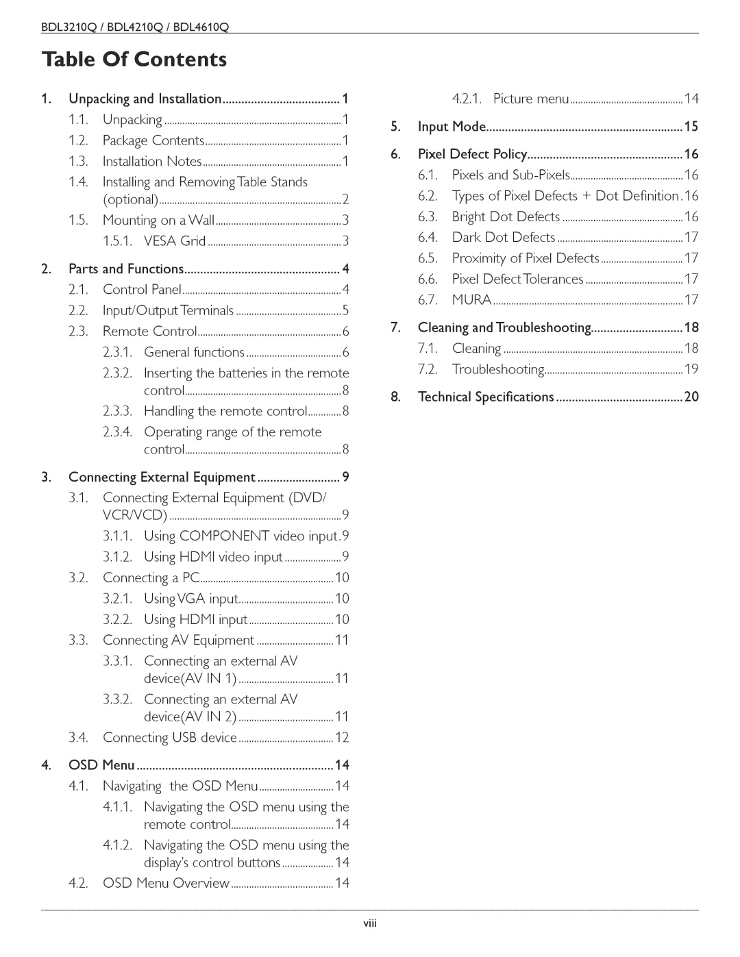 Philips BDL4210Q, BDL4610Q, BDL3210Q user manual Table Of Contents 