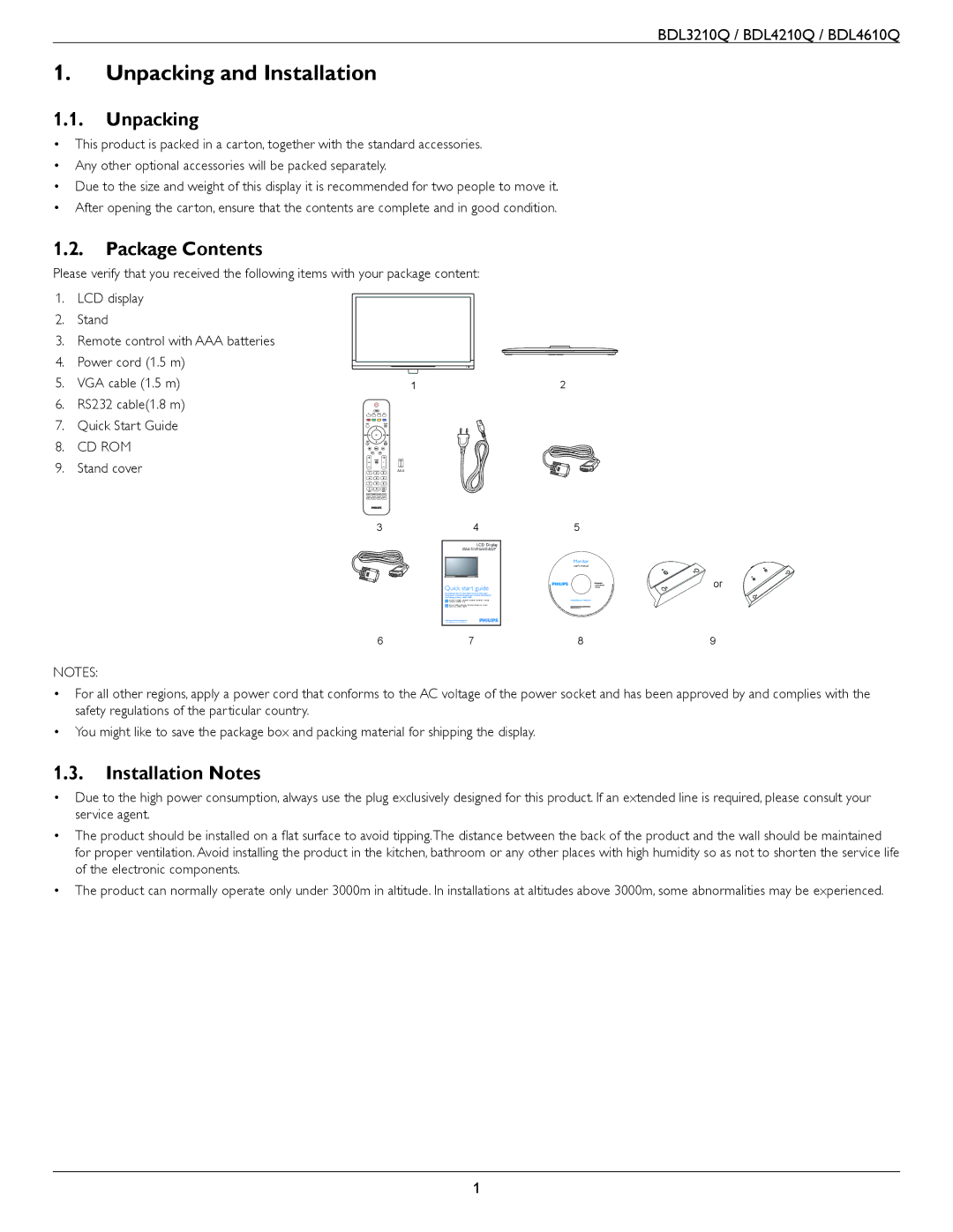 Philips BDL4610Q, BDL3210Q, BDL4210Q user manual Unpacking and Installation, Package Contents, Installation Notes 