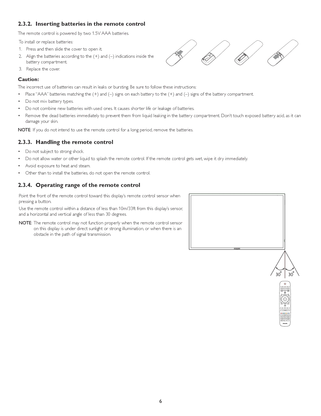 Philips BDL4620QL user manual Inserting batteries in the remote control, Handling the remote control 