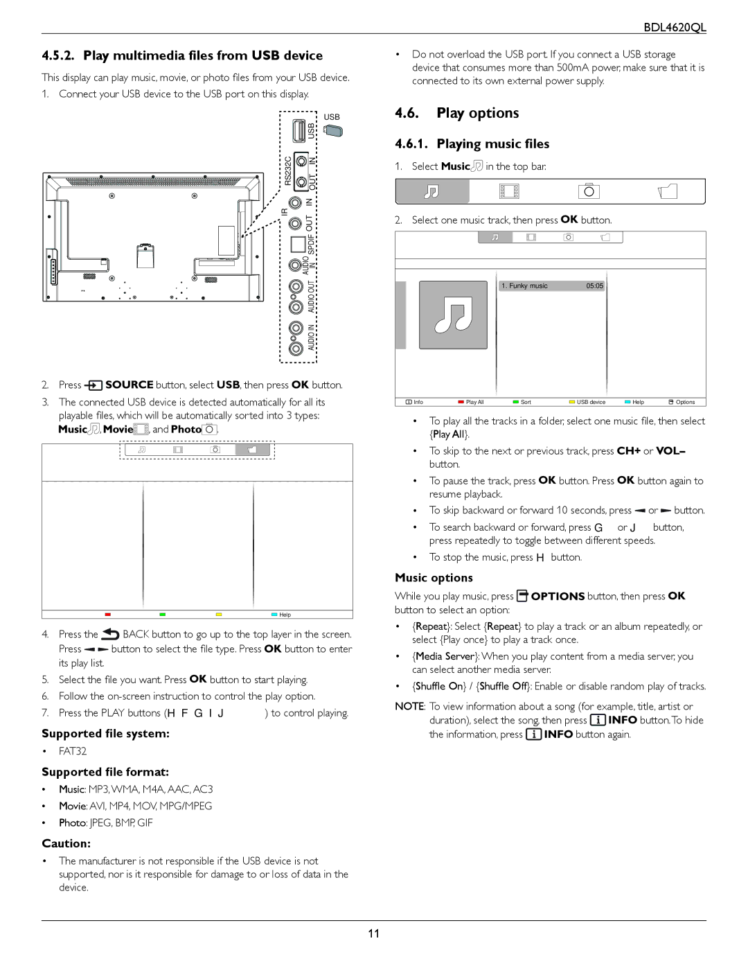 Philips BDL4620QL user manual Play options, Play multimedia files from USB device, Playing music files 