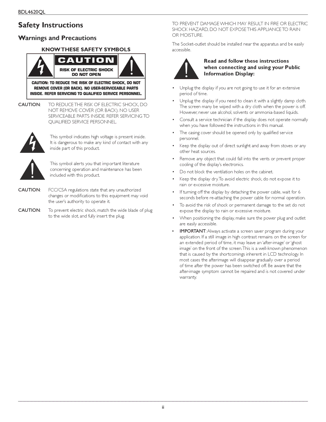 Philips BDL4620QL Safety Instructions, Know These Safety Symbols, Read and follow these instructions, Information Display 