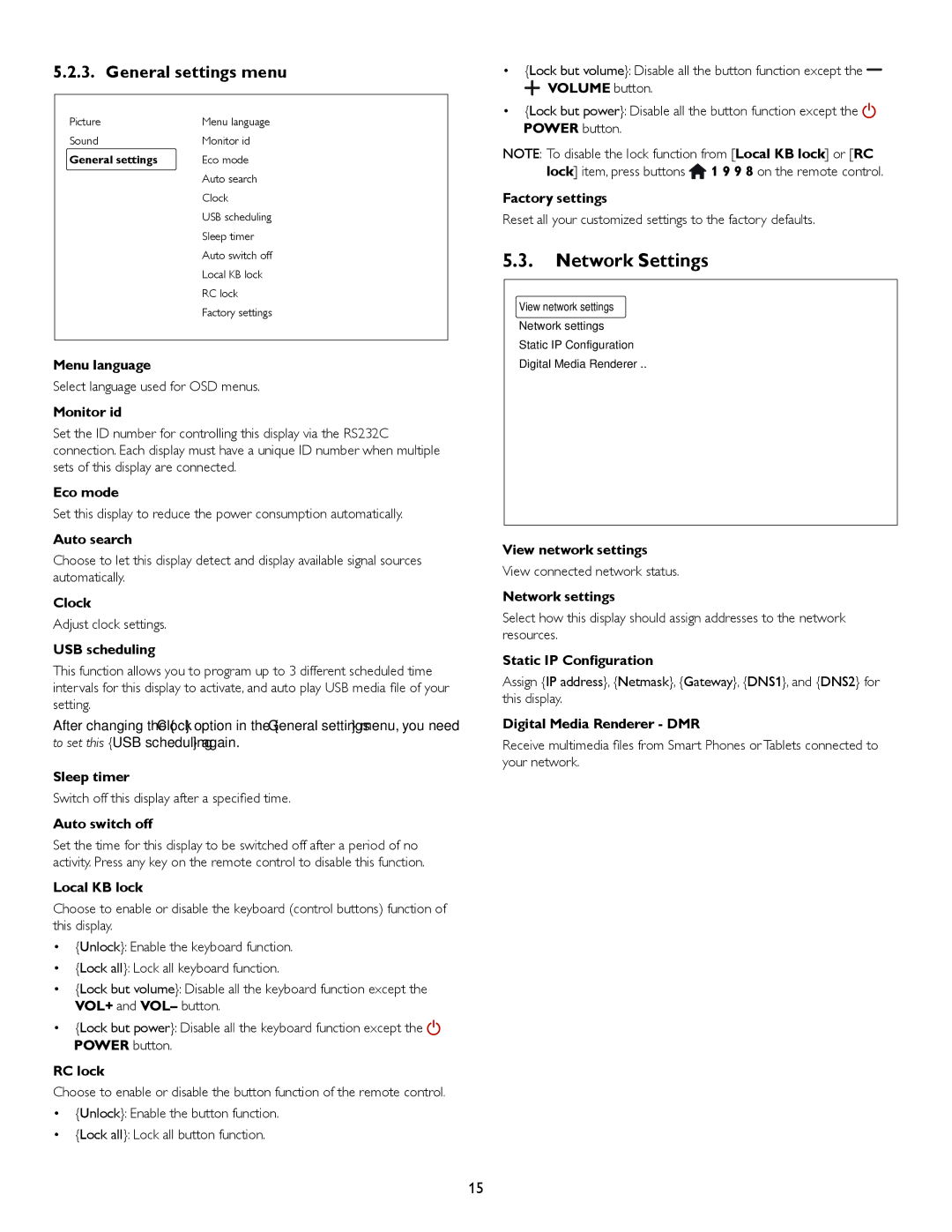 Philips BDL4620QL user manual Network Settings, General settings menu 