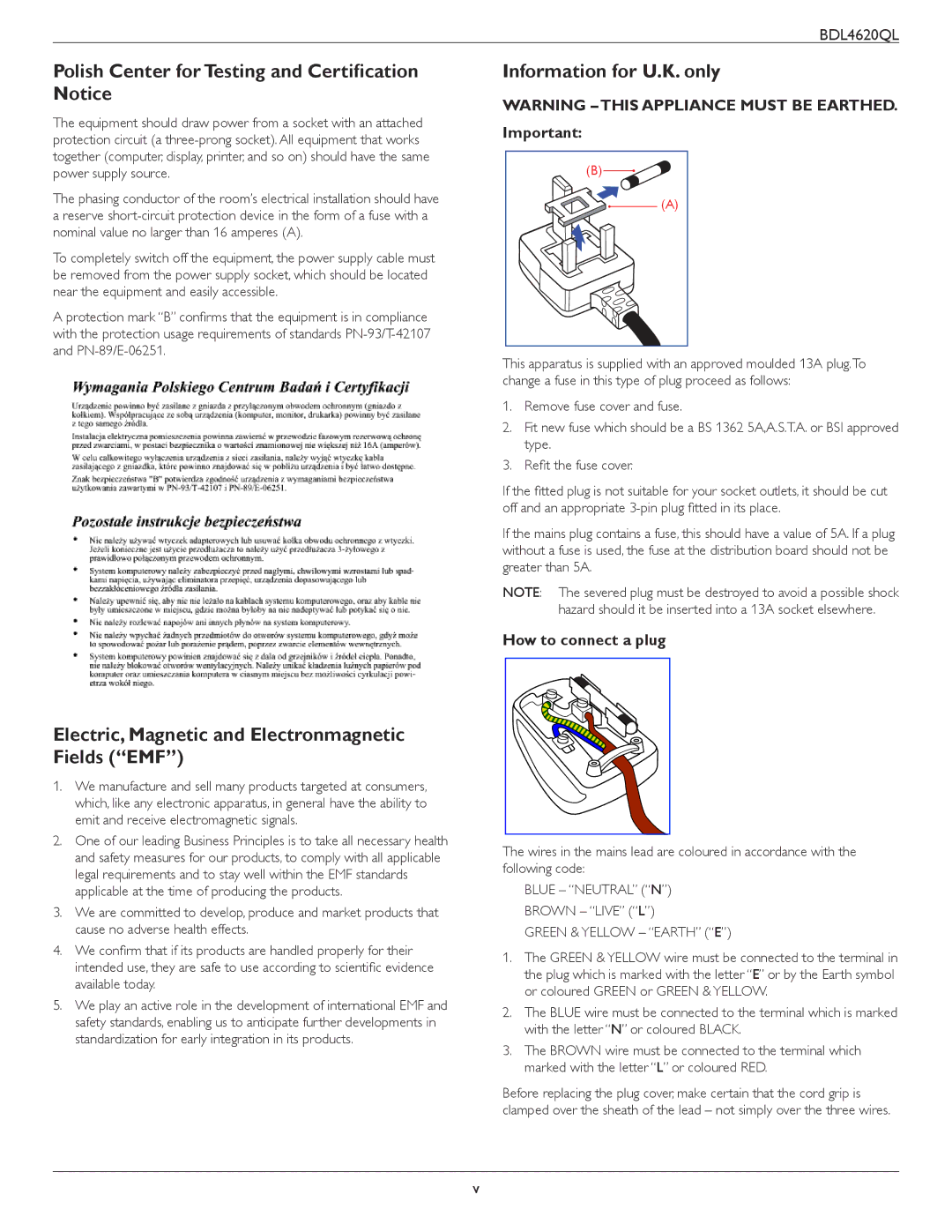 Philips BDL4620QL Polish Center for Testing and Certification Notice, Information for U.K. only, How to connect a plug 