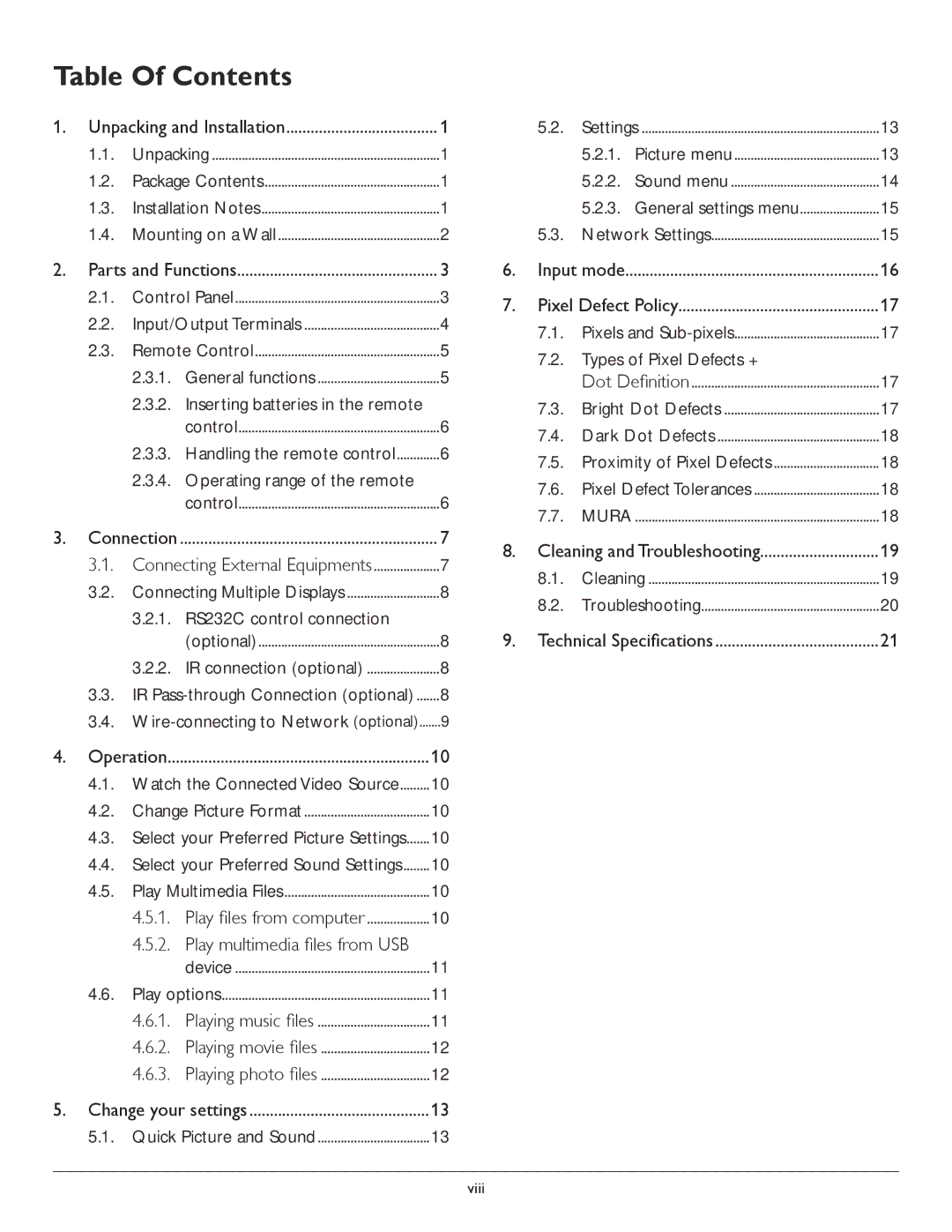 Philips BDL4620QL user manual Table Of Contents 