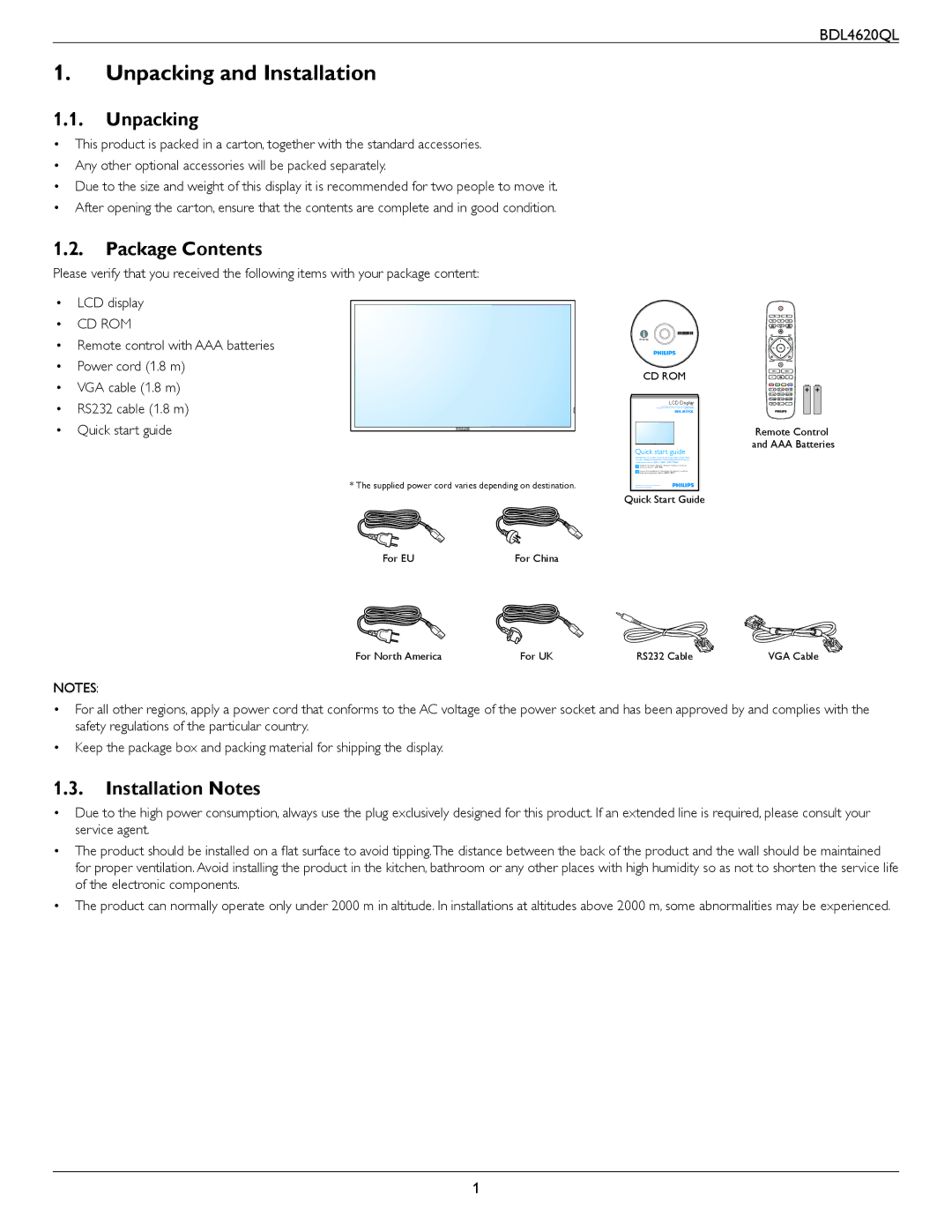 Philips BDL4620QL user manual Unpacking and Installation, Package Contents, Installation Notes 