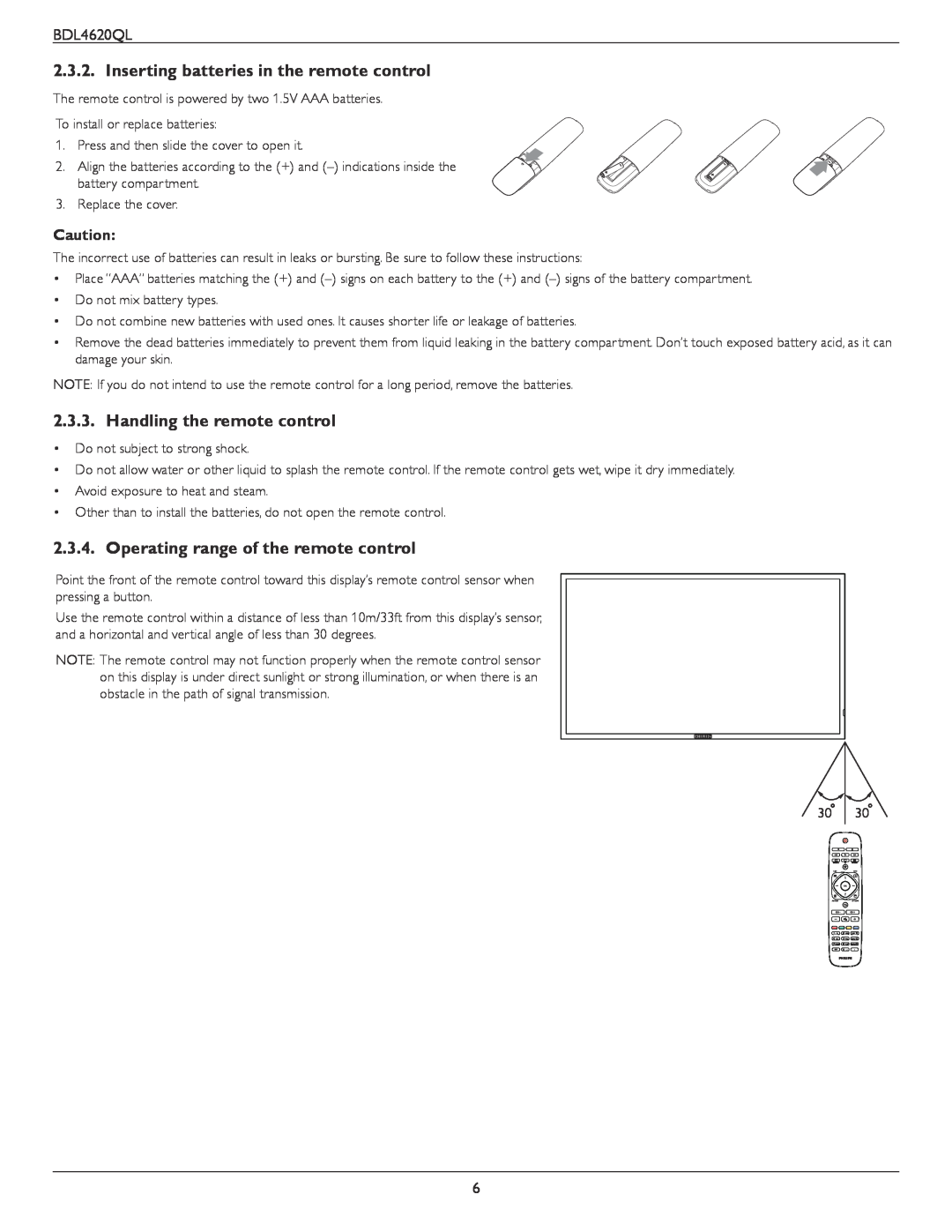 Philips BDL4620QL user manual Inserting batteries in the remote control, Handling the remote control 