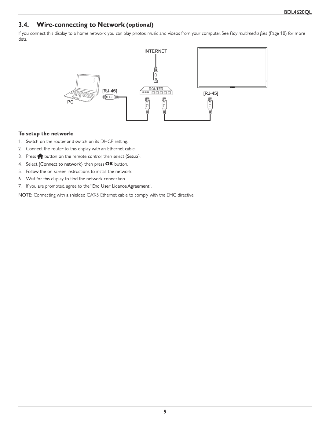 Philips BDL4620QL user manual Wire-connecting to Network optional, To setup the network 