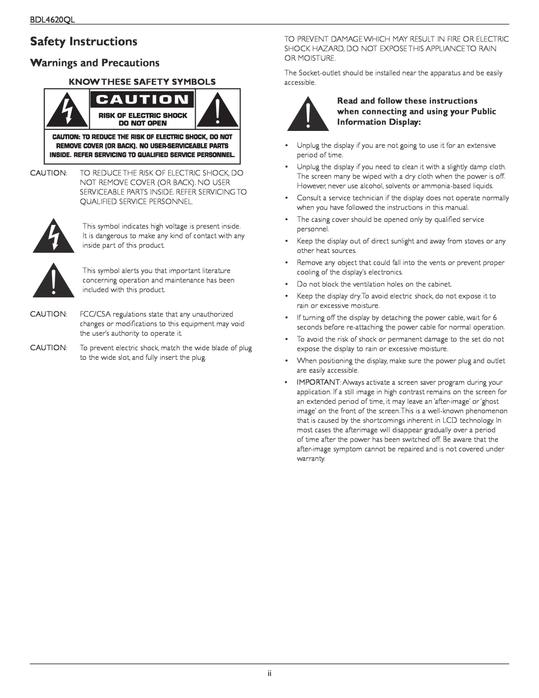 Philips BDL4620QL user manual Safety Instructions, Warnings and Precautions, Know These Safety Symbols, Information Display 