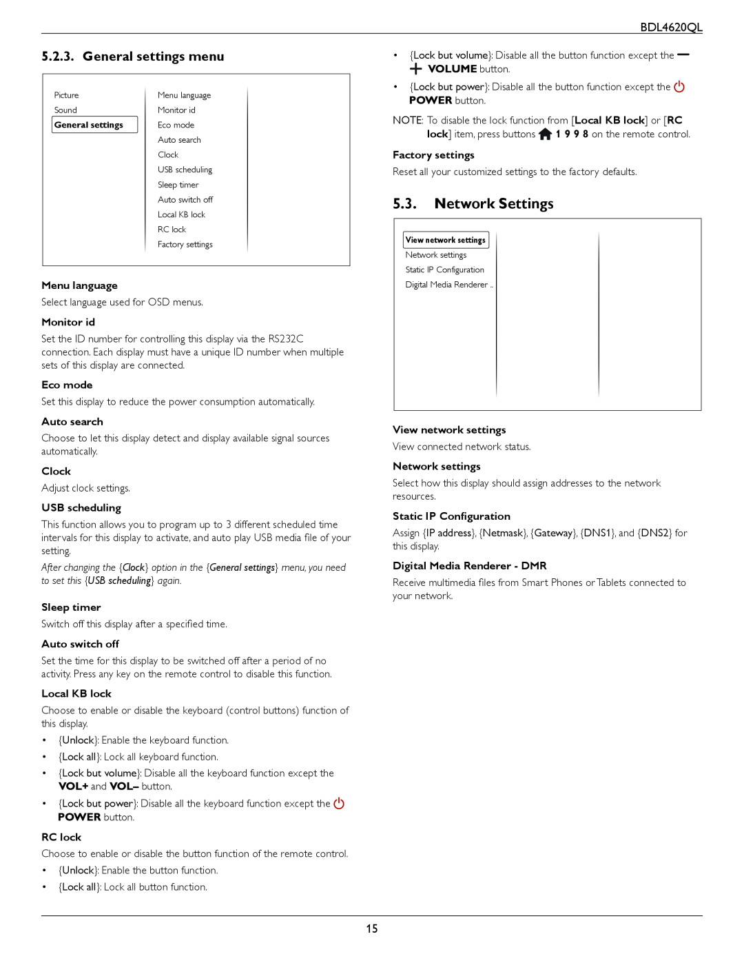 Philips BDL4620QL user manual Network Settings, General settings menu 