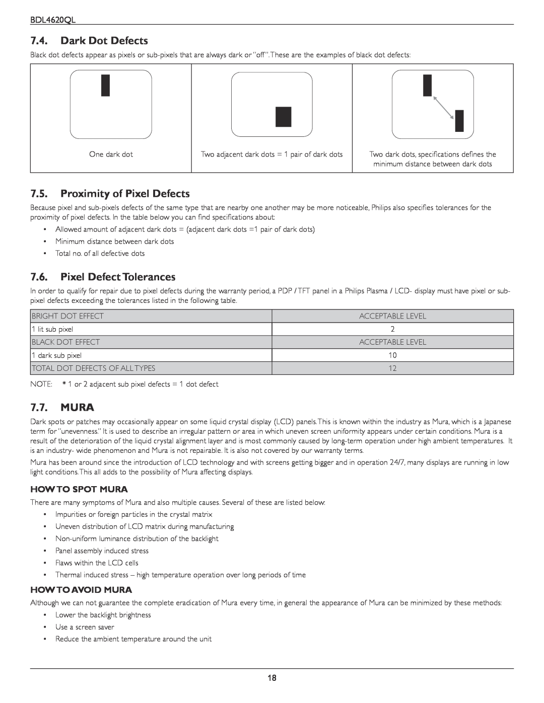 Philips BDL4620QL user manual Dark Dot Defects, Proximity of Pixel Defects, Pixel Defect Tolerances, How To Spot Mura 