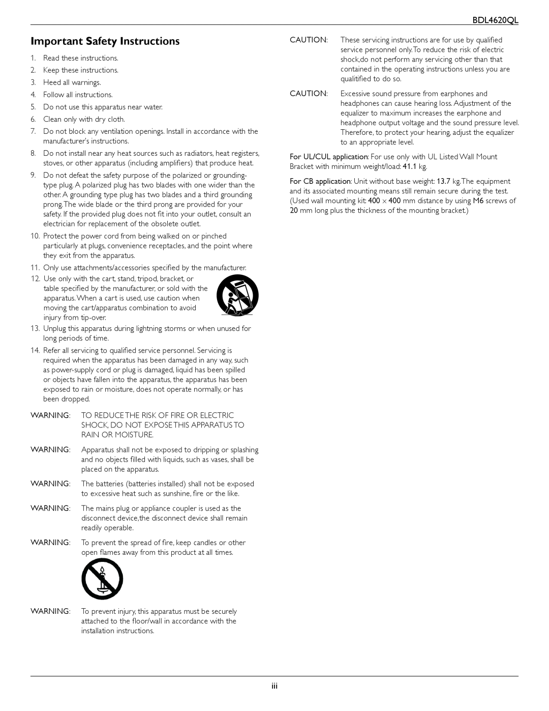Philips BDL4620QL user manual Important Safety Instructions 