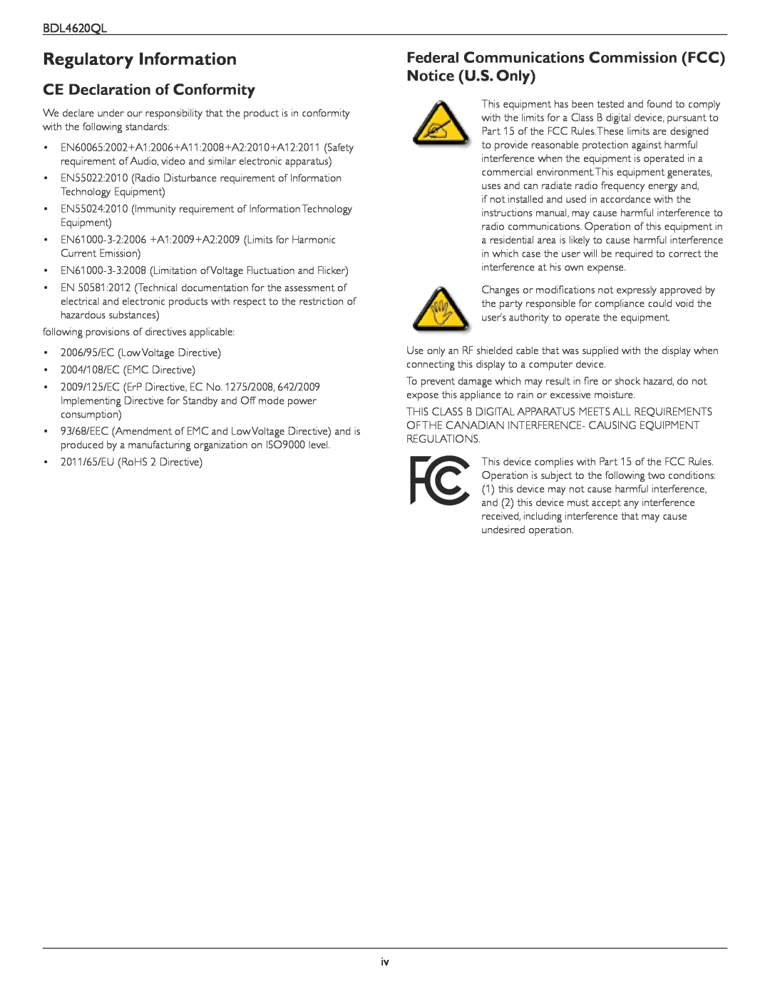 Philips BDL4620QL user manual Regulatory Information, CE Declaration of Conformity 