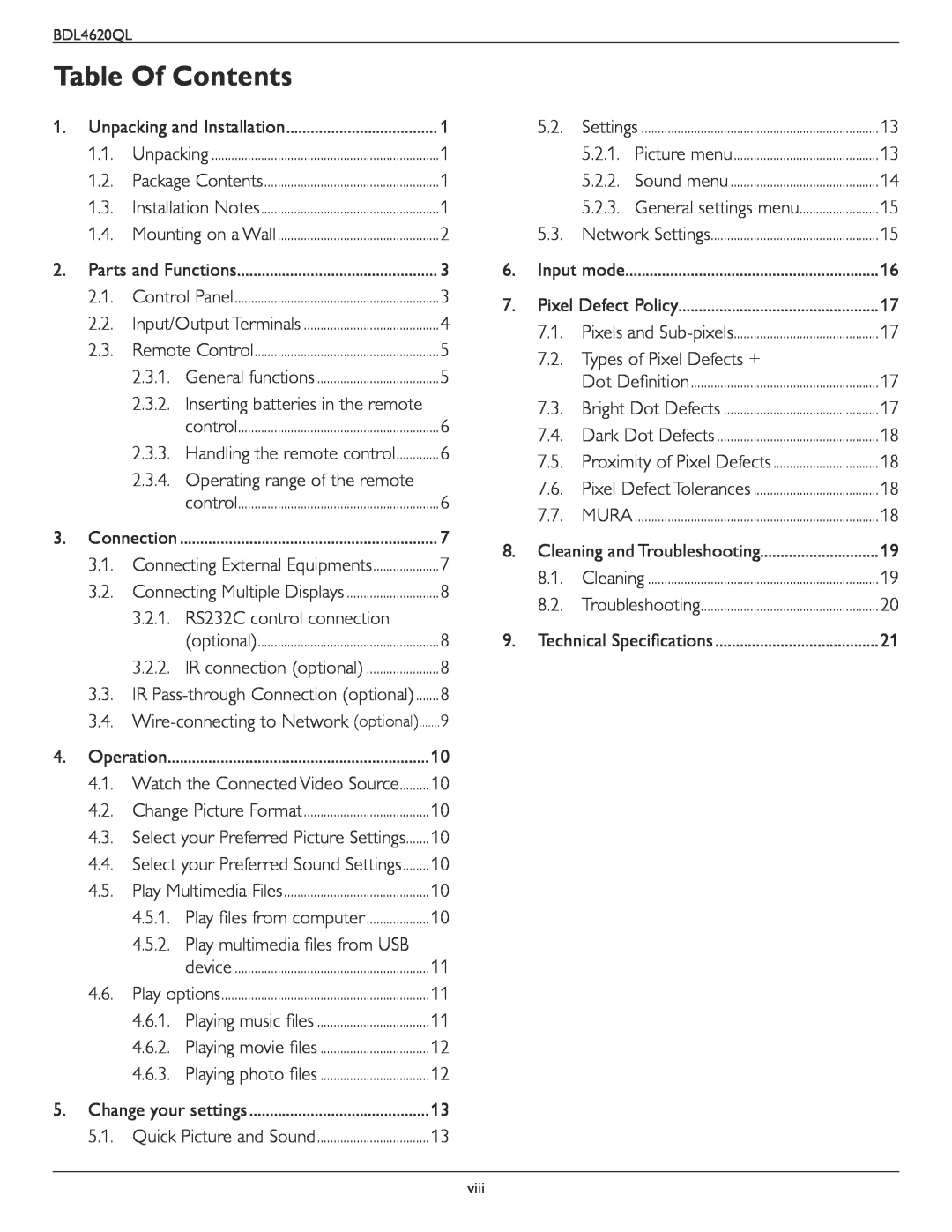 Philips BDL4620QL user manual Table Of Contents 