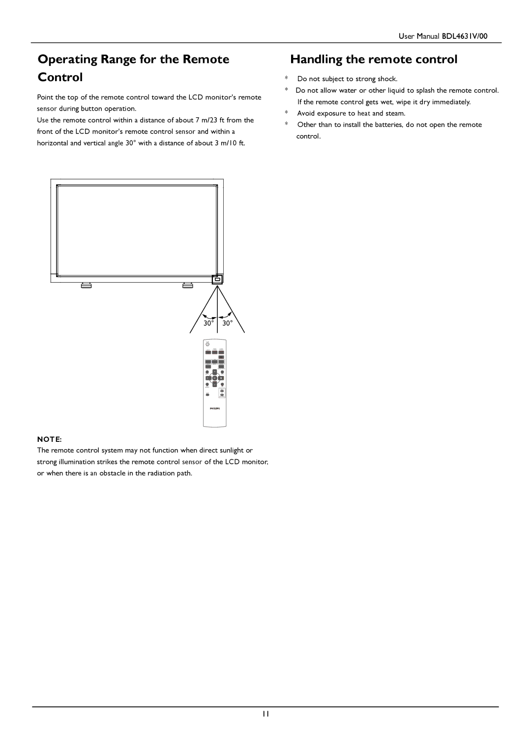 Philips BDL4631V user manual Operating Range for the Remote Control, Handling the remote control 