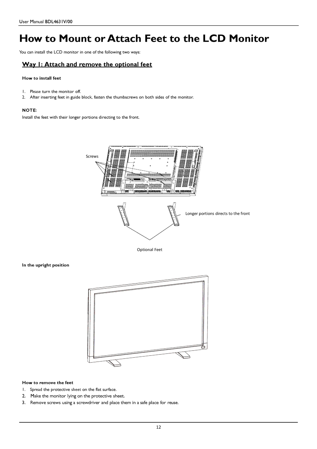 Philips BDL4631V user manual How to Mount or Attach Feet to the LCD Monitor, Way 1 Attach and remove the optional feet 