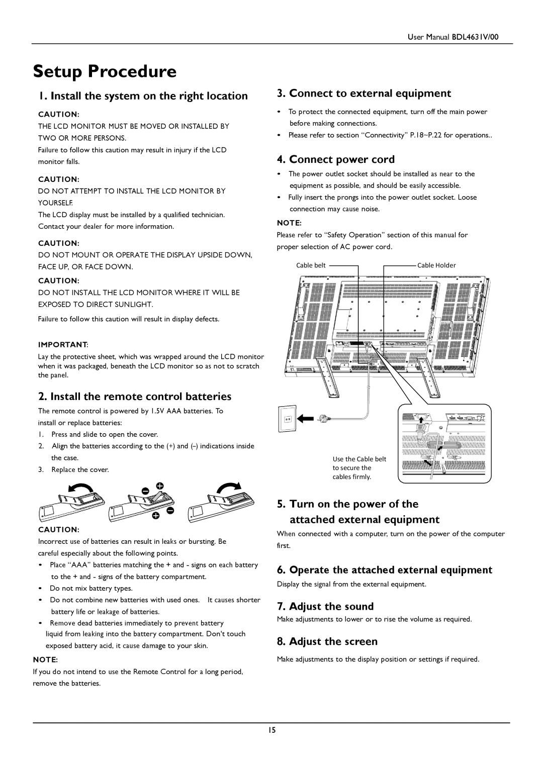 Philips BDL4631V user manual Setup Procedure 