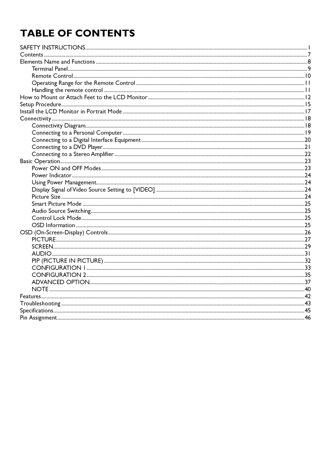 Philips BDL4631V user manual Table of Contents 