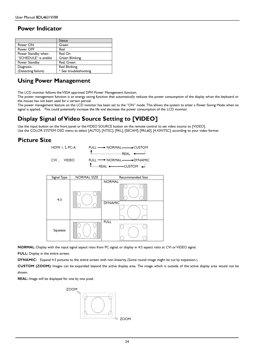 Philips BDL4631V Power Indicator, Using Power Management, Display Signal of Video Source Setting to Video, Picture Size 