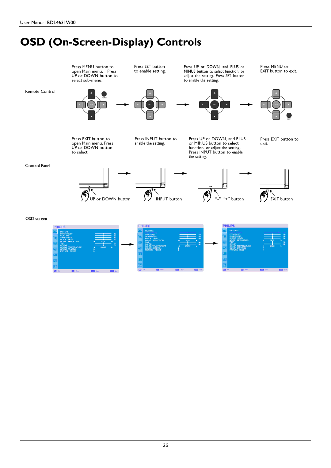 Philips BDL4631V user manual OSD On-Screen-Display Controls 