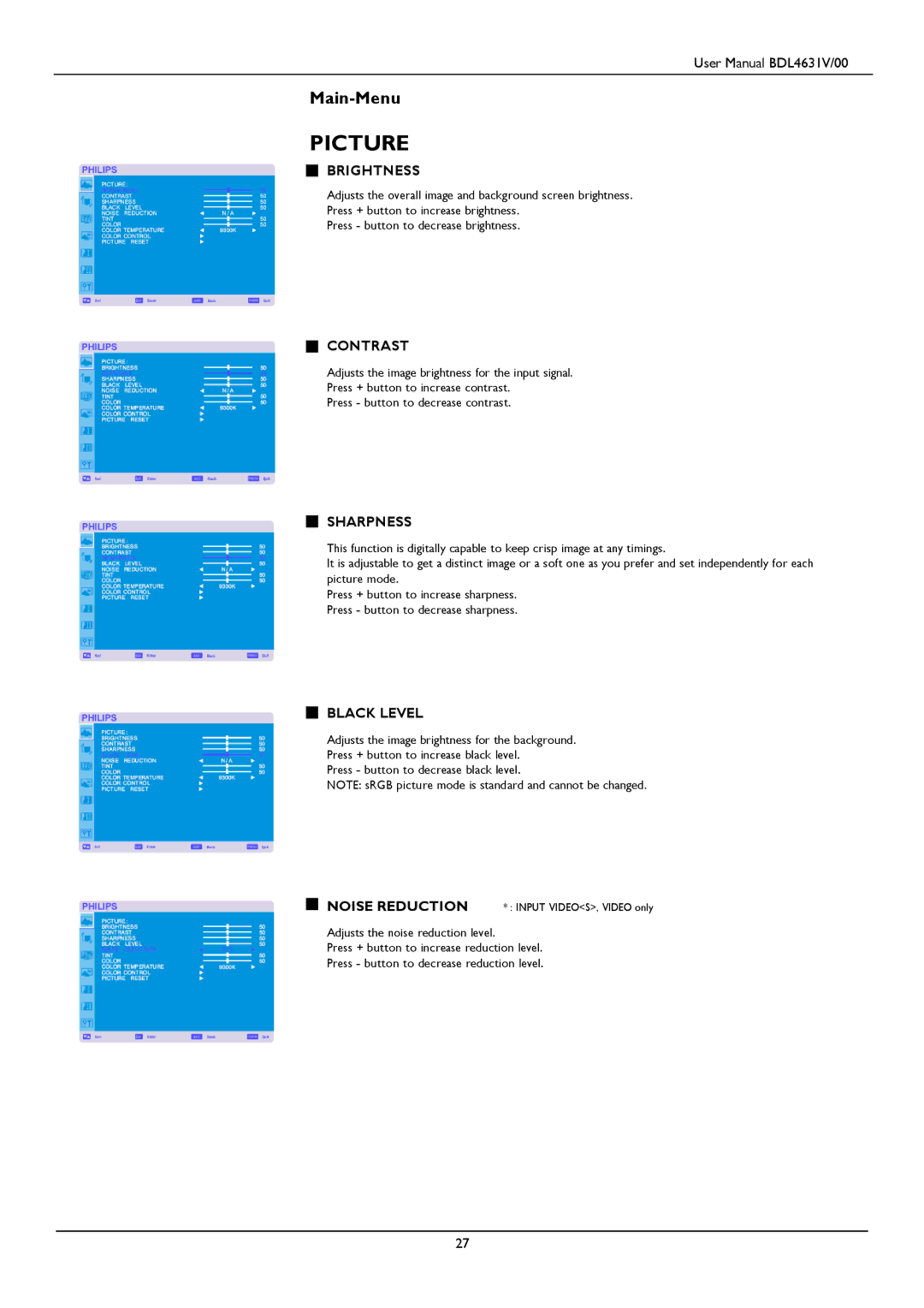 Philips BDL4631V user manual Brightness, Contrast, Sharpness, Black Level 