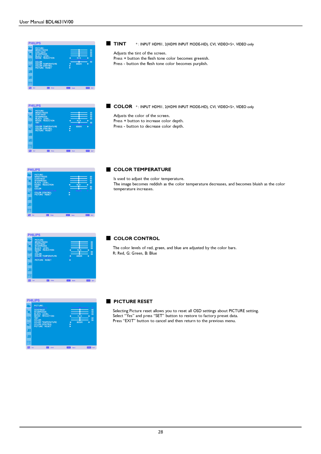 Philips BDL4631V user manual Color Temperature, Color Control, Picture Reset 