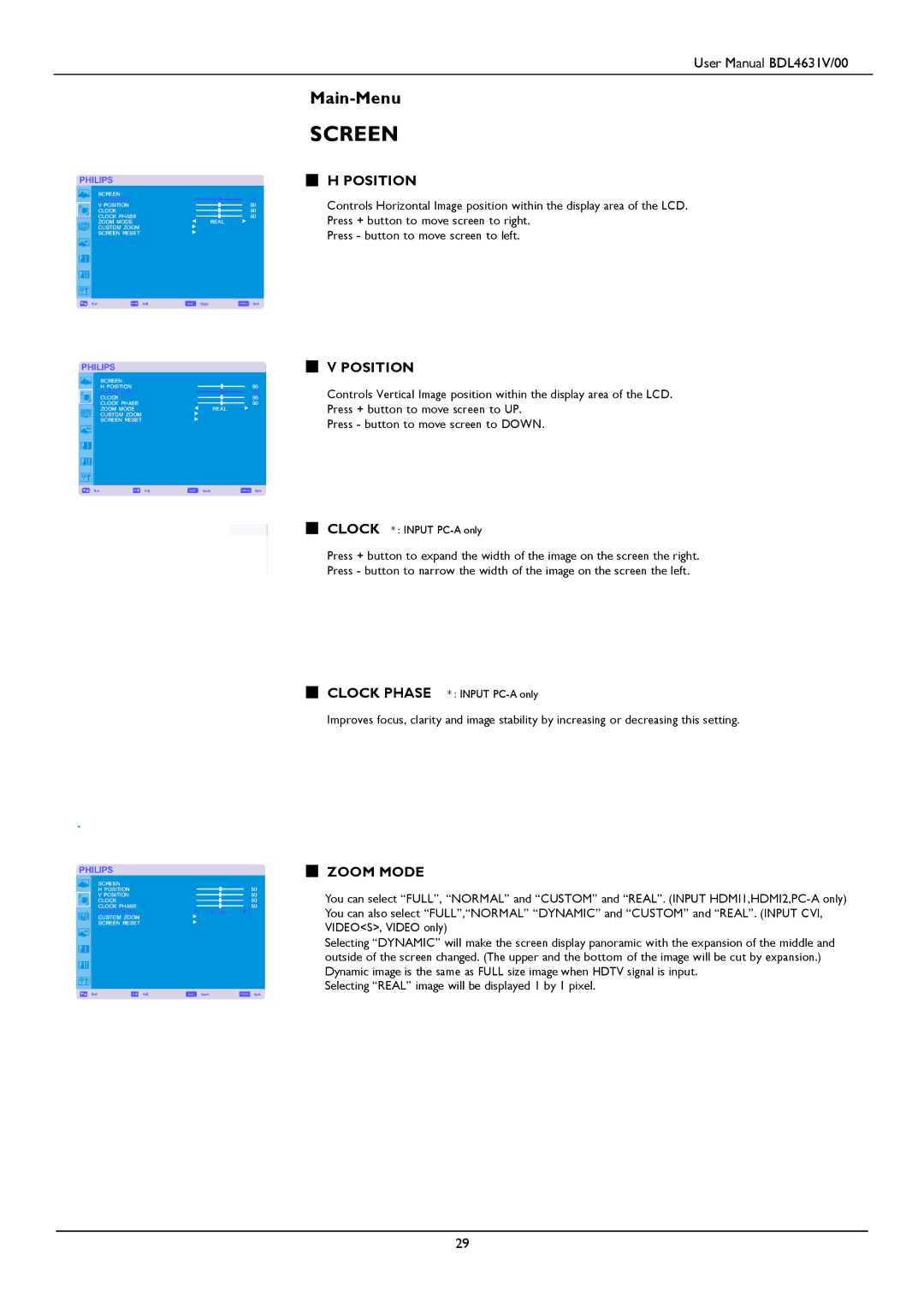 Philips BDL4631V user manual Position, Zoom Mode 